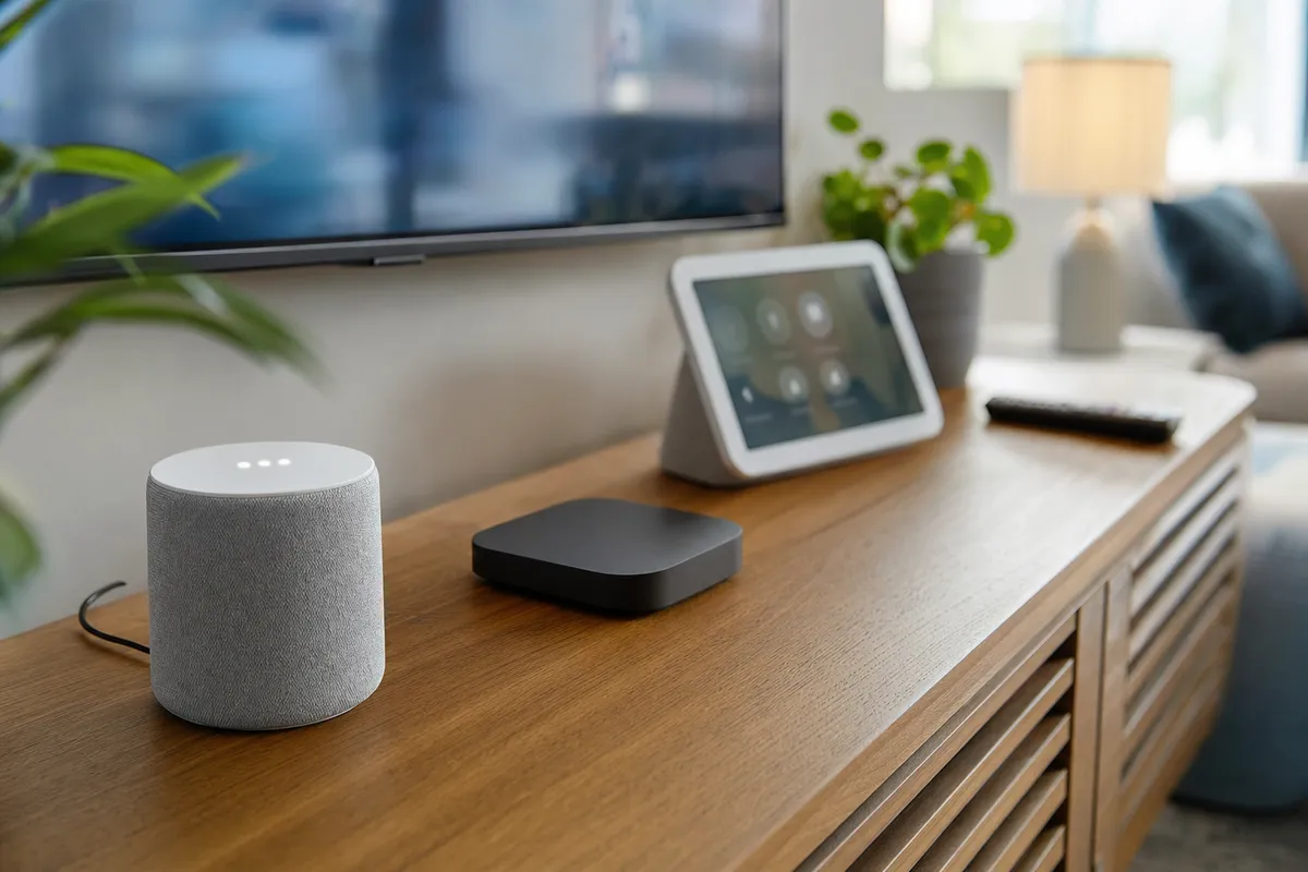 Speaker smart grigio, box TV nero e piccolo display da casa su mobile in legno sotto una TV