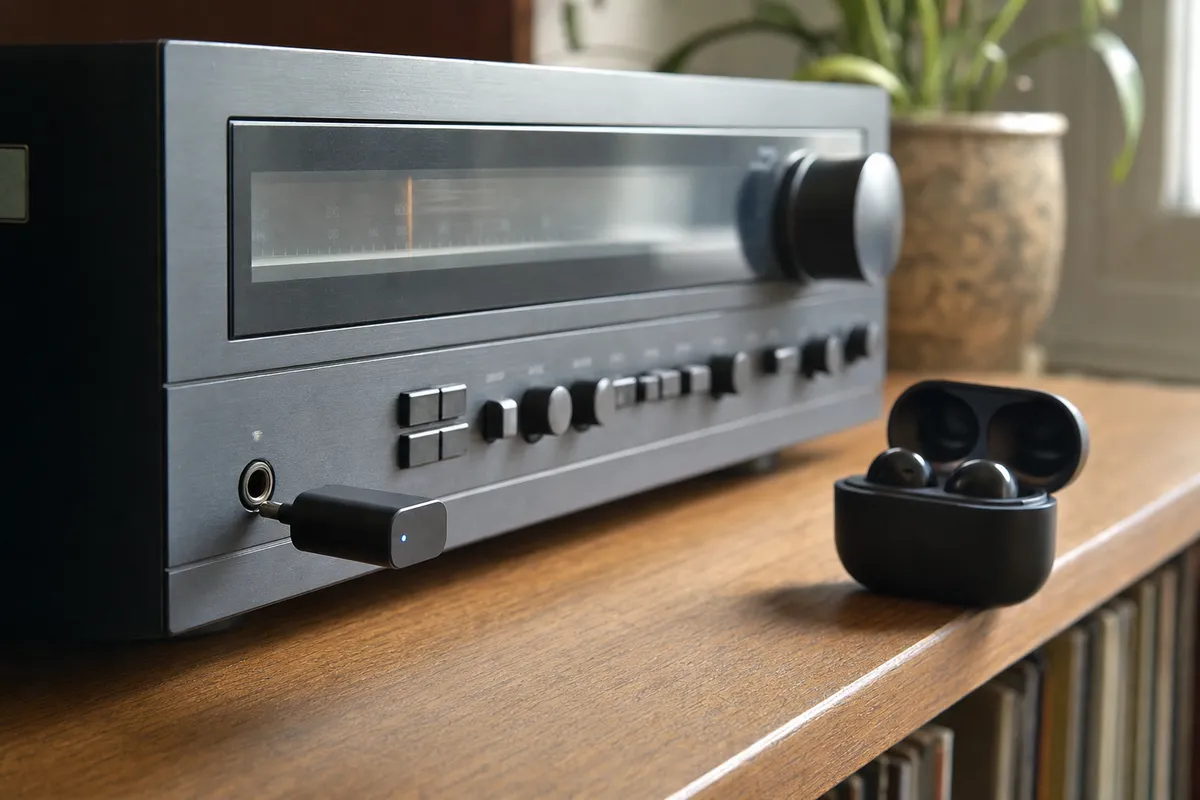 Adattatore Bluetooth nero inserito nella presa AUX di un amplificatore vintage, con auricolari wireless in custodia
