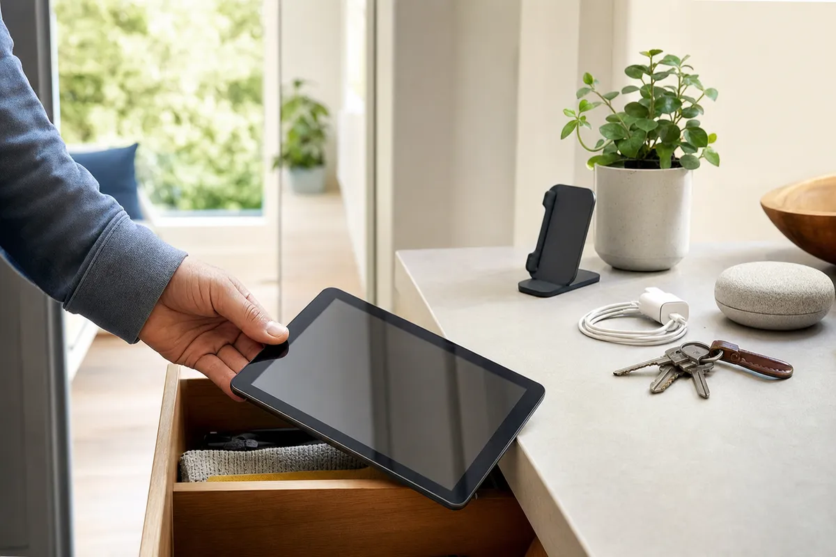 Mano che prende un vecchio tablet da un cassetto in cucina, accanto a cavo di ricarica, stand e chiavi