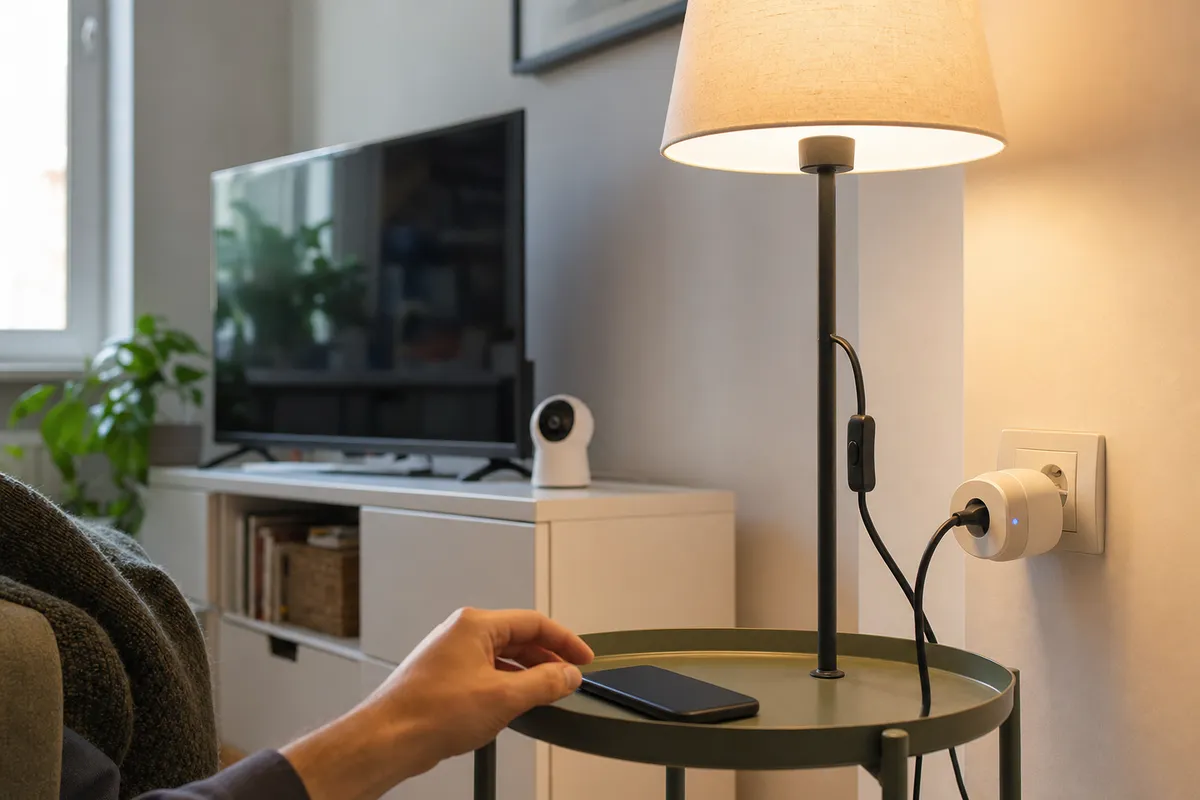 Presa smart collegata a una lampada da terra accesa, con smartphone su un tavolino e TV sullo sfondo