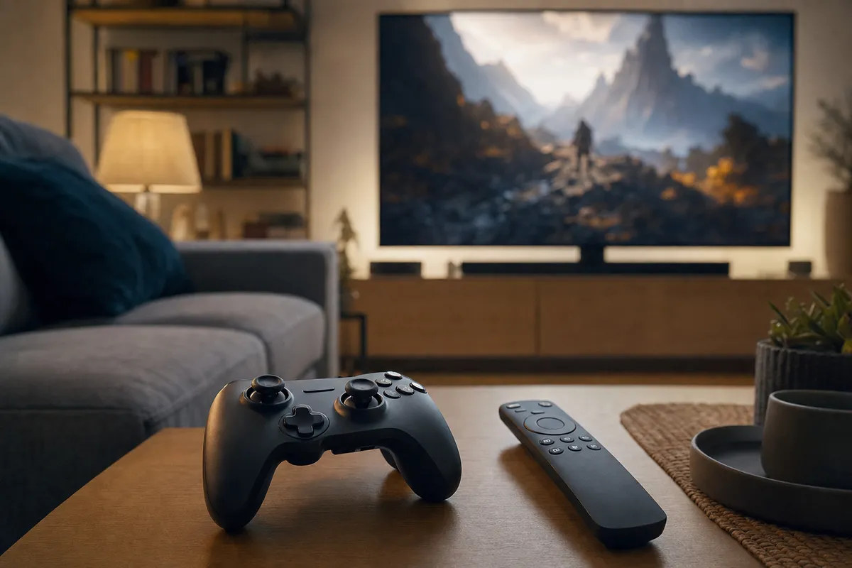 Controller di gioco e telecomando su un tavolino, con TV sfocata sullo sfondo in un salotto