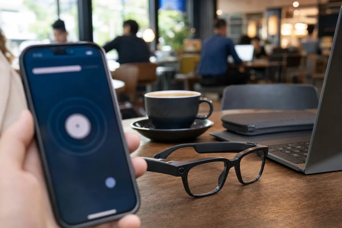 Smart glasses nere su un tavolo di caffè accanto a tazza e laptop, con smartphone in primo piano sfocato