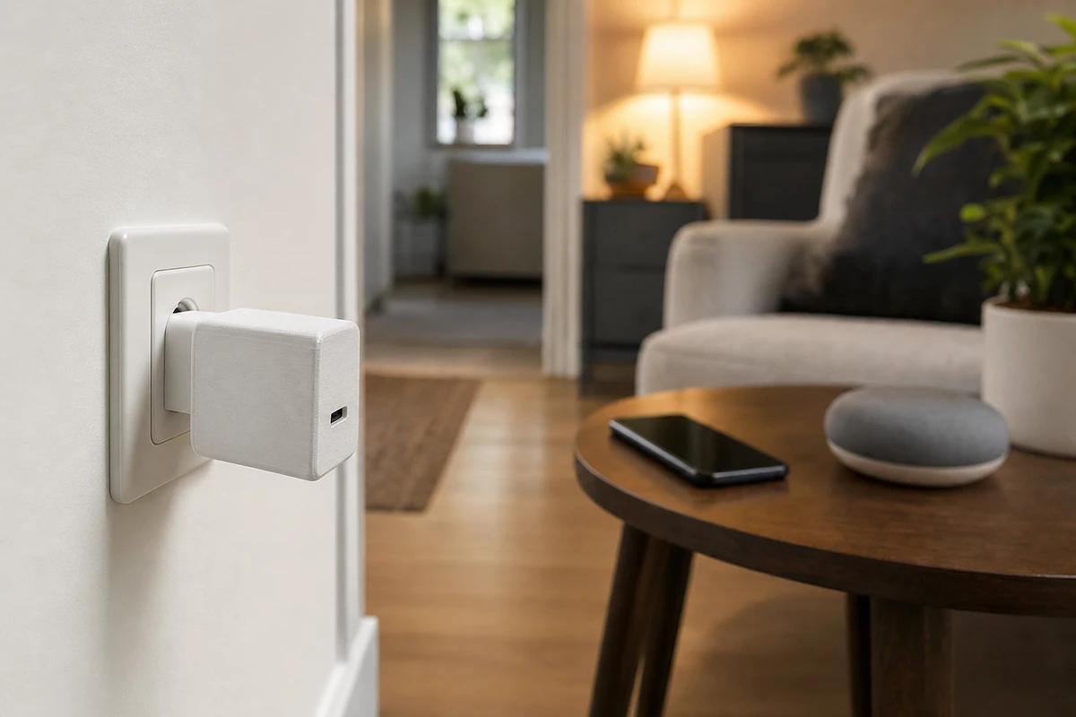 Dispositivo bianco compatto collegato a una presa a muro, con smartphone e speaker su un tavolino sullo sfondo