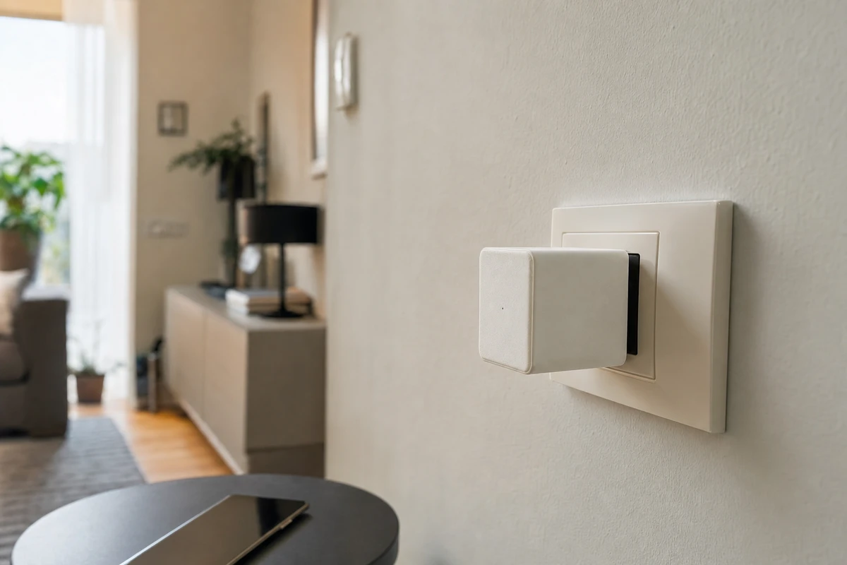 Dispositivo compatto bianco tipo caricatore USB inserito in una presa a muro, con soggiorno sfocato sullo sfondo