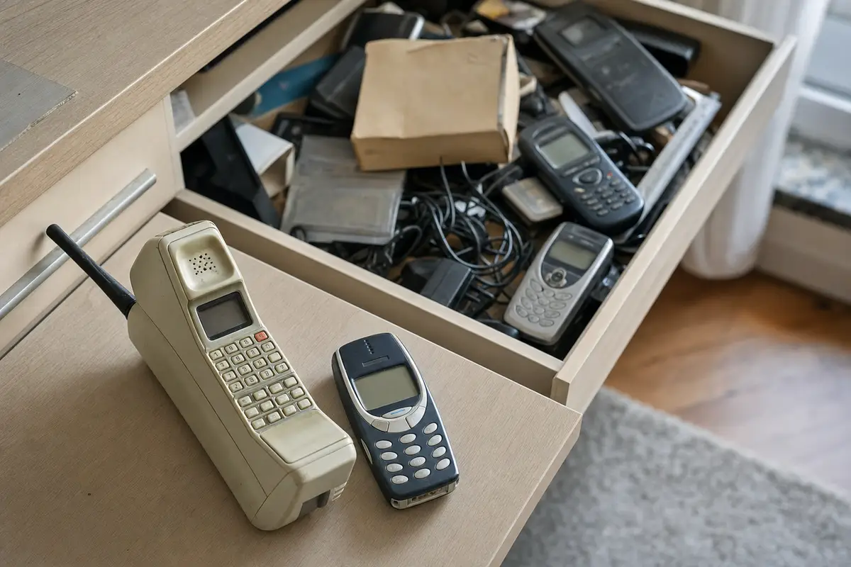 Cassetto aperto pieno di vecchi cellulari, cavi e scatole, con un telefono “mattone” e un modello a tastiera in primo piano