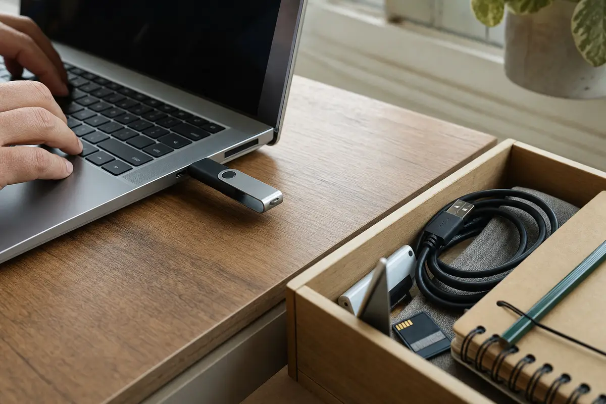 Chiavetta USB inserita in un laptop su scrivania, con mani sulla tastiera e cassetto aperto con cavi e schede