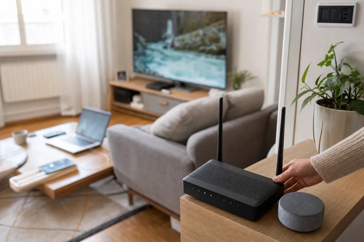 Router Wi-Fi su mensola in salotto, con TV e laptop sul tavolino sullo sfondo