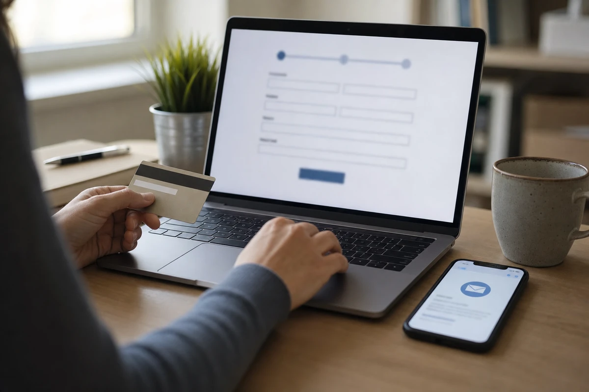 Mano con carta di pagamento davanti a un laptop con modulo di checkout e smartphone con notifica email sul tavolo