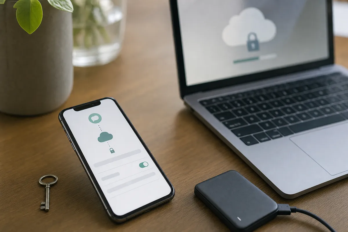 Smartphone con schermata di backup cloud su scrivania, accanto a laptop e disco esterno con cavo