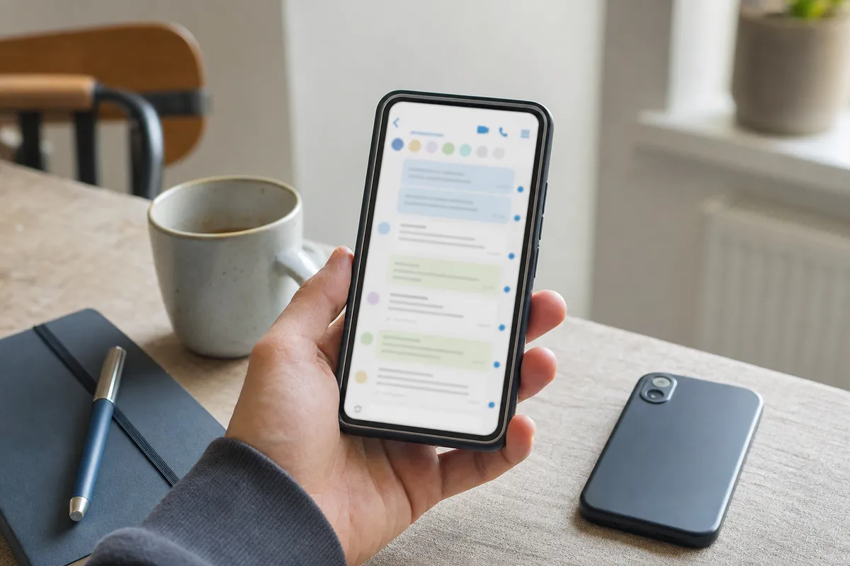 Mano che tiene uno smartphone con chat di gruppo sfocata, su tavolo con tazza di caffè, taccuino e secondo telefono
