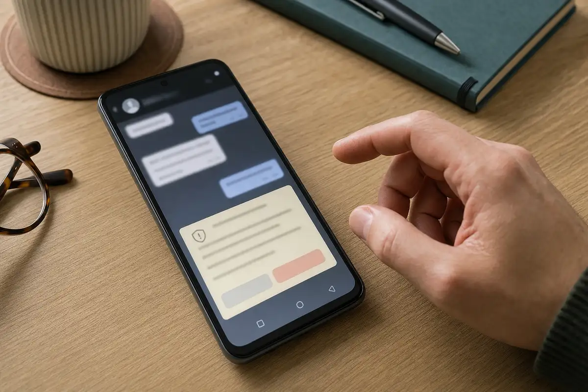 Smartphone Android su tavolo con chat sfocata e avviso di sicurezza, mano pronta a toccare lo schermo
