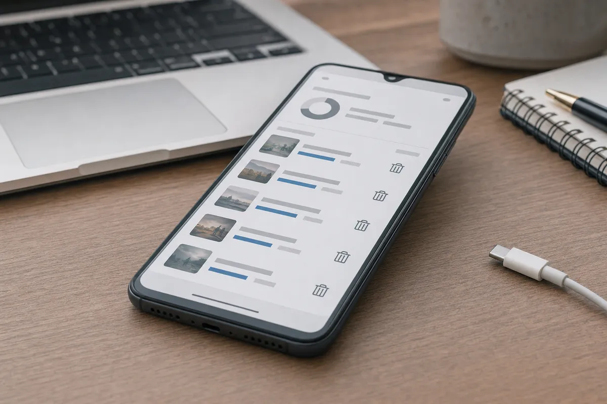 Smartphone su scrivania con schermata di gestione archiviazione e icone del cestino per eliminare file