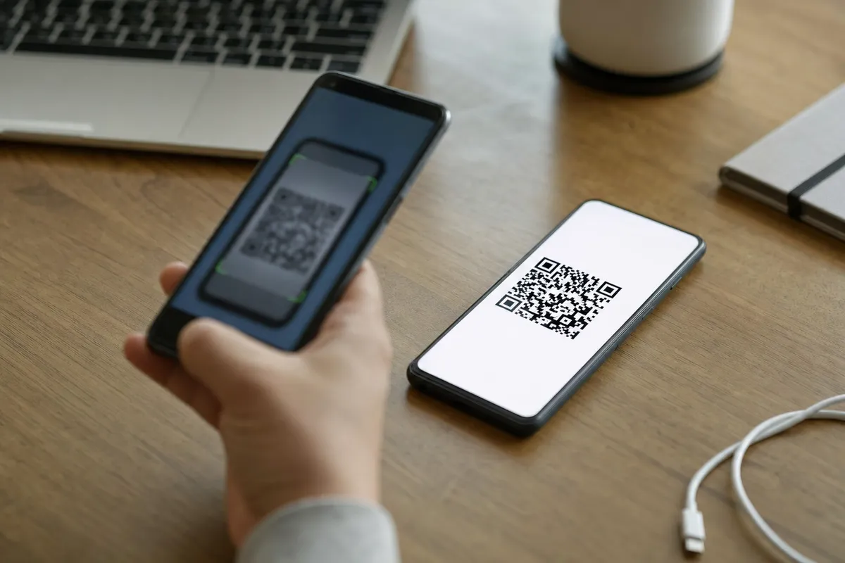 Mano che scansiona un codice QR su uno smartphone appoggiato su un tavolo di legno, con laptop sullo sfondo
