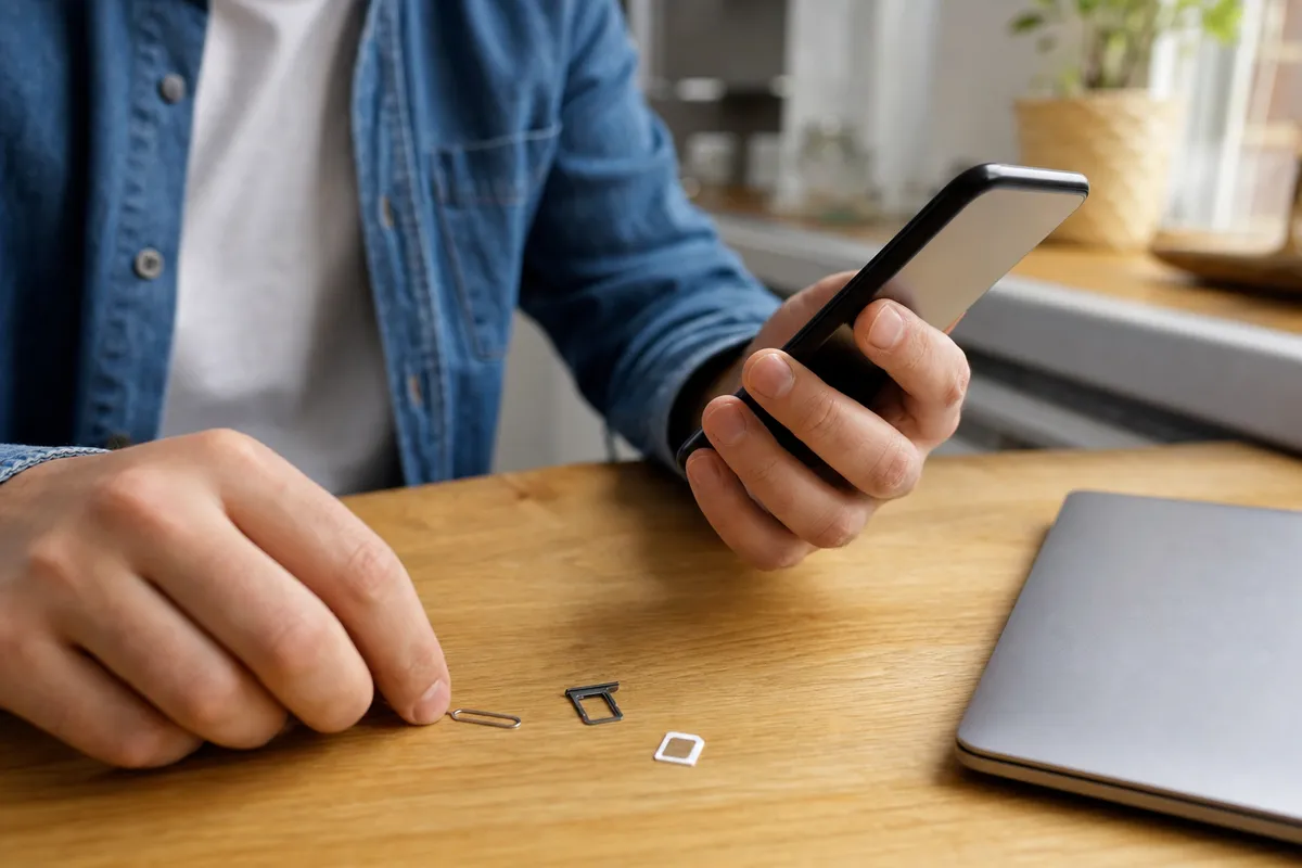 Mani con smartphone su tavolo in legno, con tool per SIM, carrellino e scheda SIM accanto a un laptop
