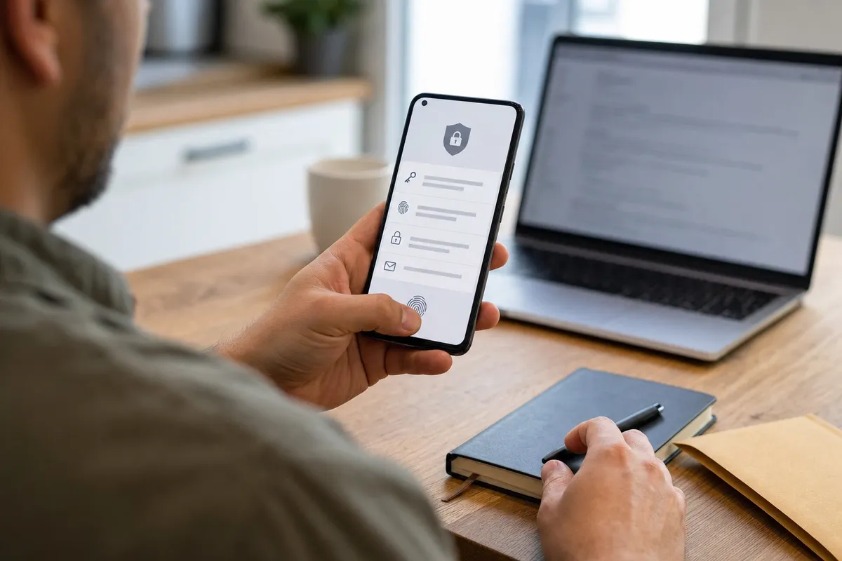 Persona al tavolo con smartphone su schermata di sicurezza e impronta digitale, con laptop e taccuino sullo sfondo