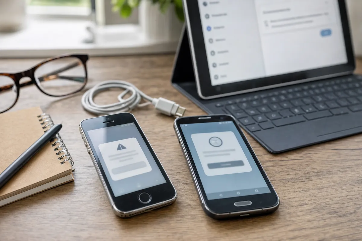 Due vecchi smartphone con avvisi di app non disponibile su un tavolo, con tablet su schermata impostazioni e cavo