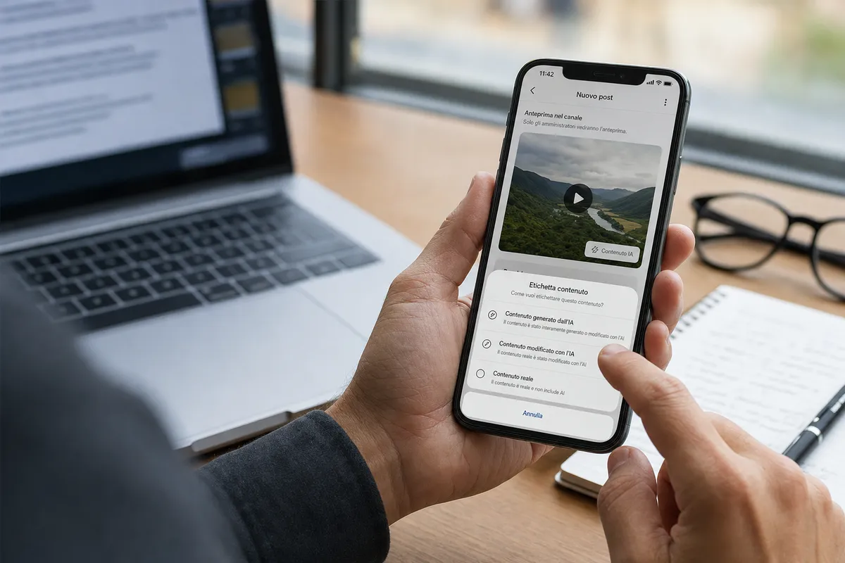 Mani con smartphone che mostra l’opzione per etichettare un post come “Contenuto IA” in un canale, su una scrivania