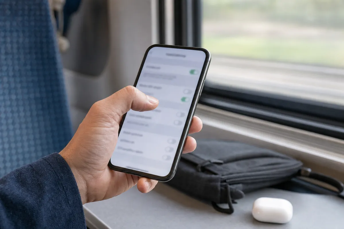 Mano che usa uno smartphone con schermata impostazioni sfocata vicino al finestrino di un treno