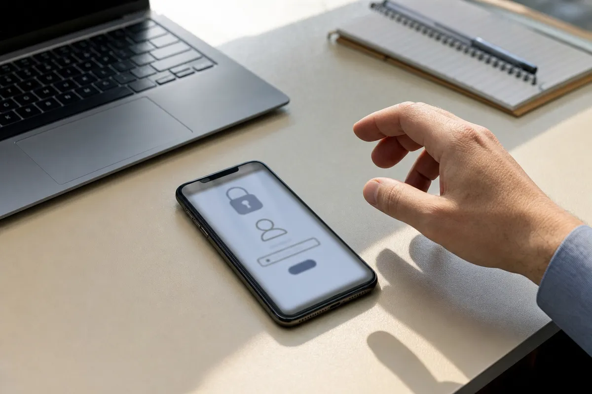 Smartphone su scrivania con schermata di blocco e mano sospesa accanto, vicino a laptop e taccuino