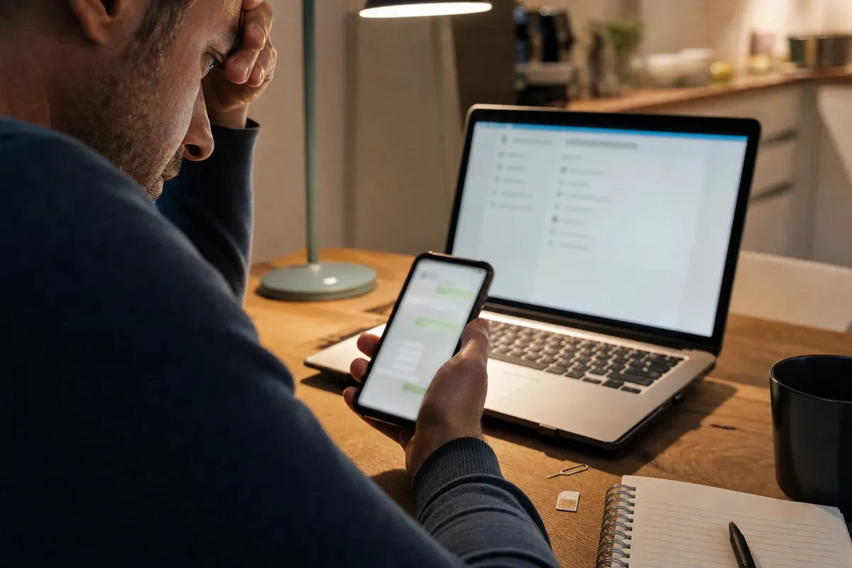 Persona preoccupata al tavolo con smartphone e laptop aperti, con graffetta e scheda SIM accanto a un taccuino