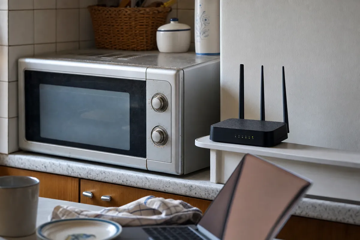 Router Wi‑Fi con antenne accanto a un vecchio forno a microonde su un piano cucina, con laptop sfocato in primo piano