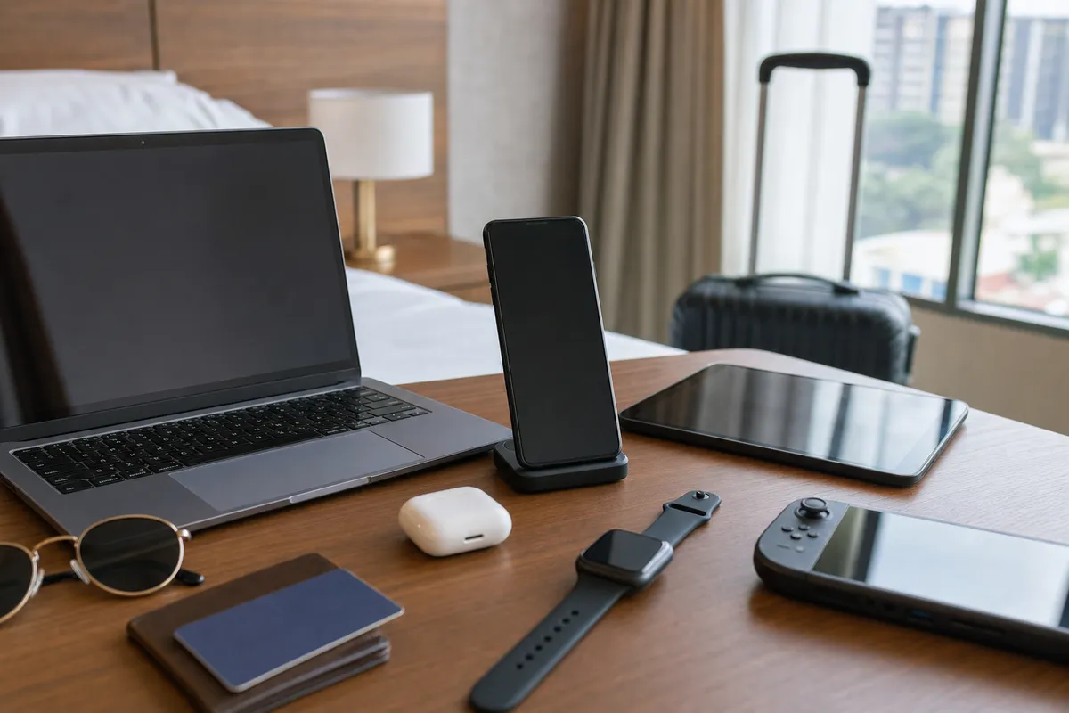 Scrivania in camera d’hotel con smartphone su supporto, laptop, tablet, smartwatch, auricolari e console portatile