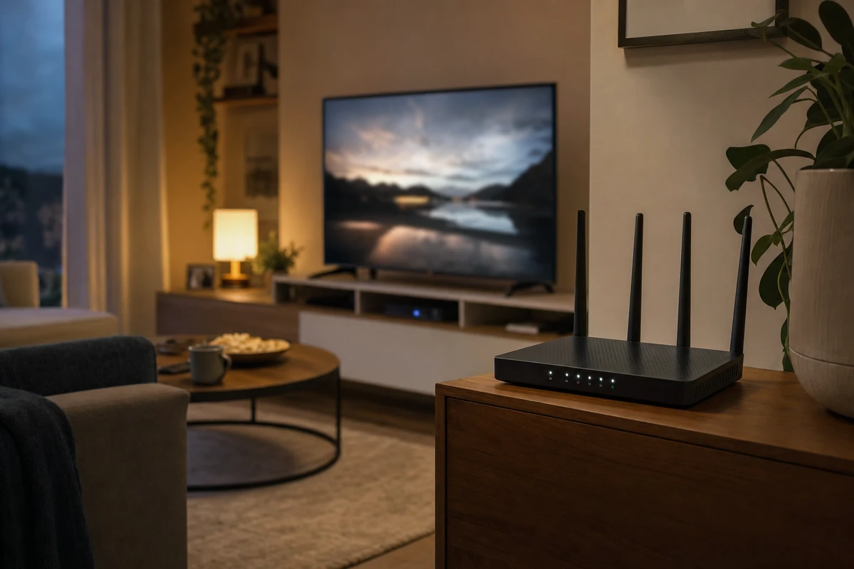Router WiFi con antenne e luci accese su un mobile, con smart TV che riproduce un film sfocato sullo sfondo