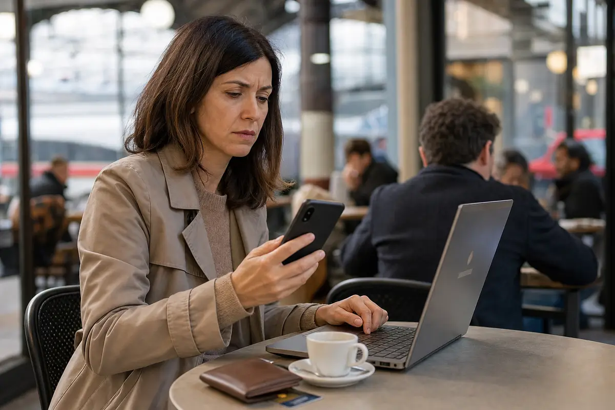 Donna seduta in un bar con laptop aperto e smartphone in mano, espressione preoccupata, tazzina e portafoglio sul tavolo