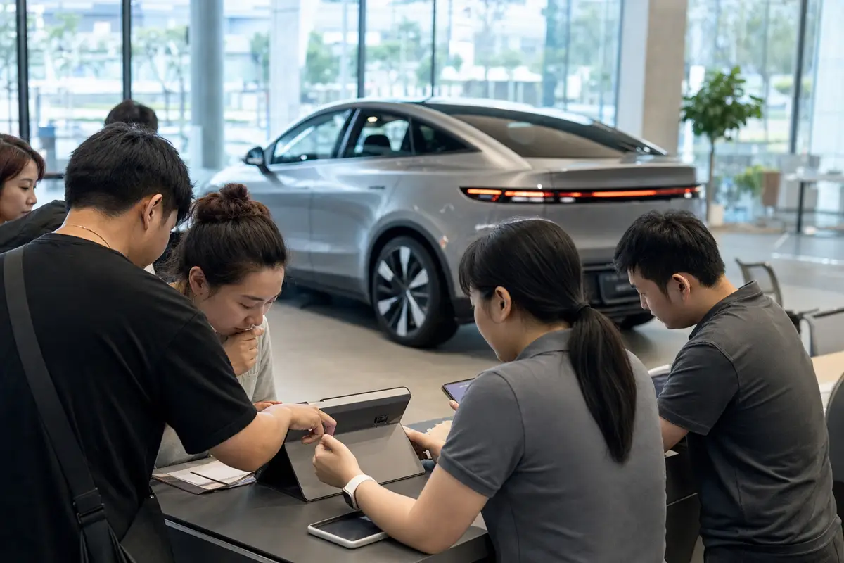 Clienti e personale in showroom mentre inseriscono un ordine su tablet, con un SUV elettrico coupé sullo sfondo
