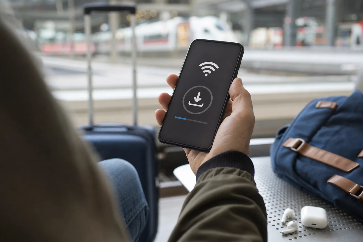 Smartphone con icona Wi‑Fi e download in una sala d’attesa, con zaino e auricolari sul tavolo