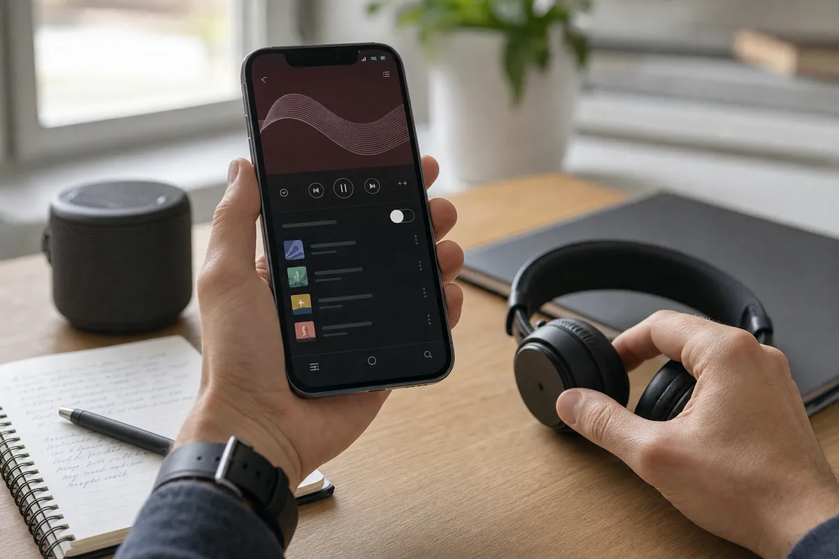 Mani con smartphone e app musicale, interruttore disattivato nella coda, cuffie e taccuino su scrivania