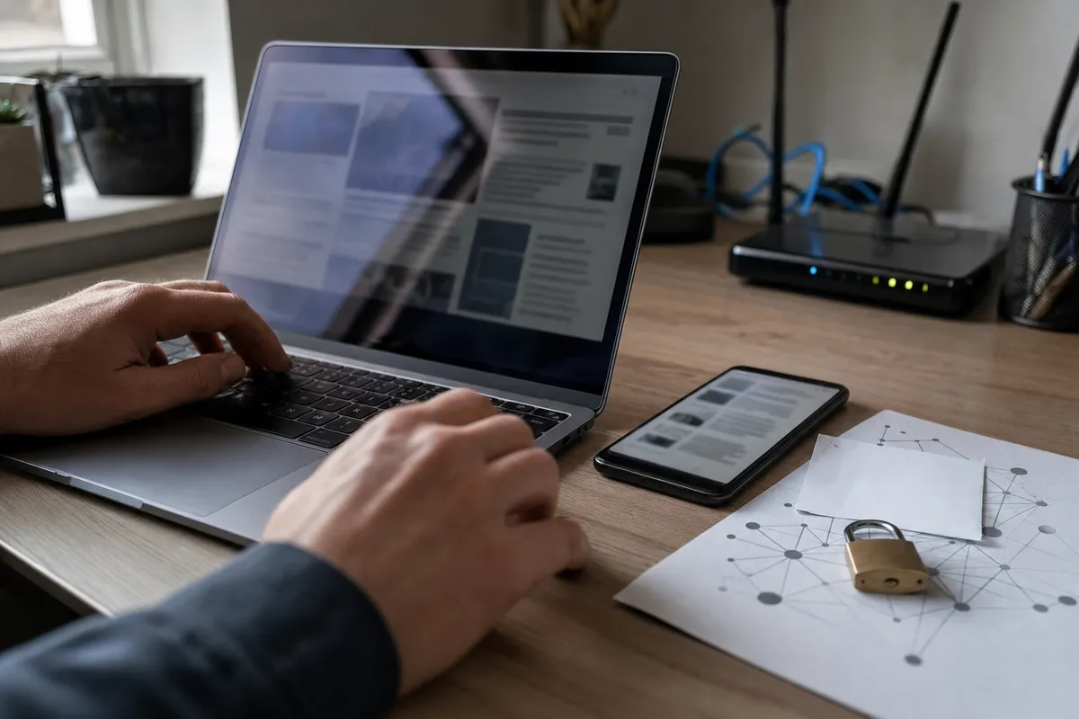 Laptop e smartphone su scrivania con router sullo sfondo e lucchetto su fogli con schema di rete