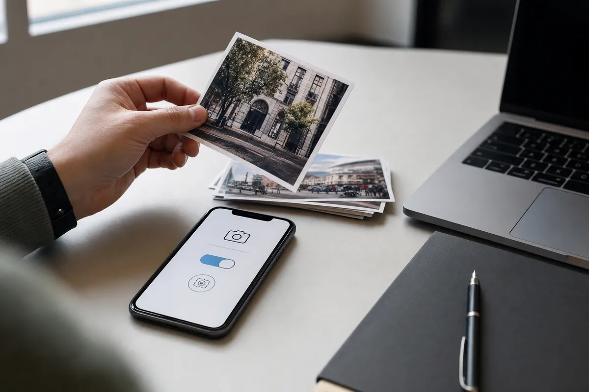 Mano con foto stampata accanto a smartphone con interruttore e icona fotocamera, sul tavolo con laptop e taccuino