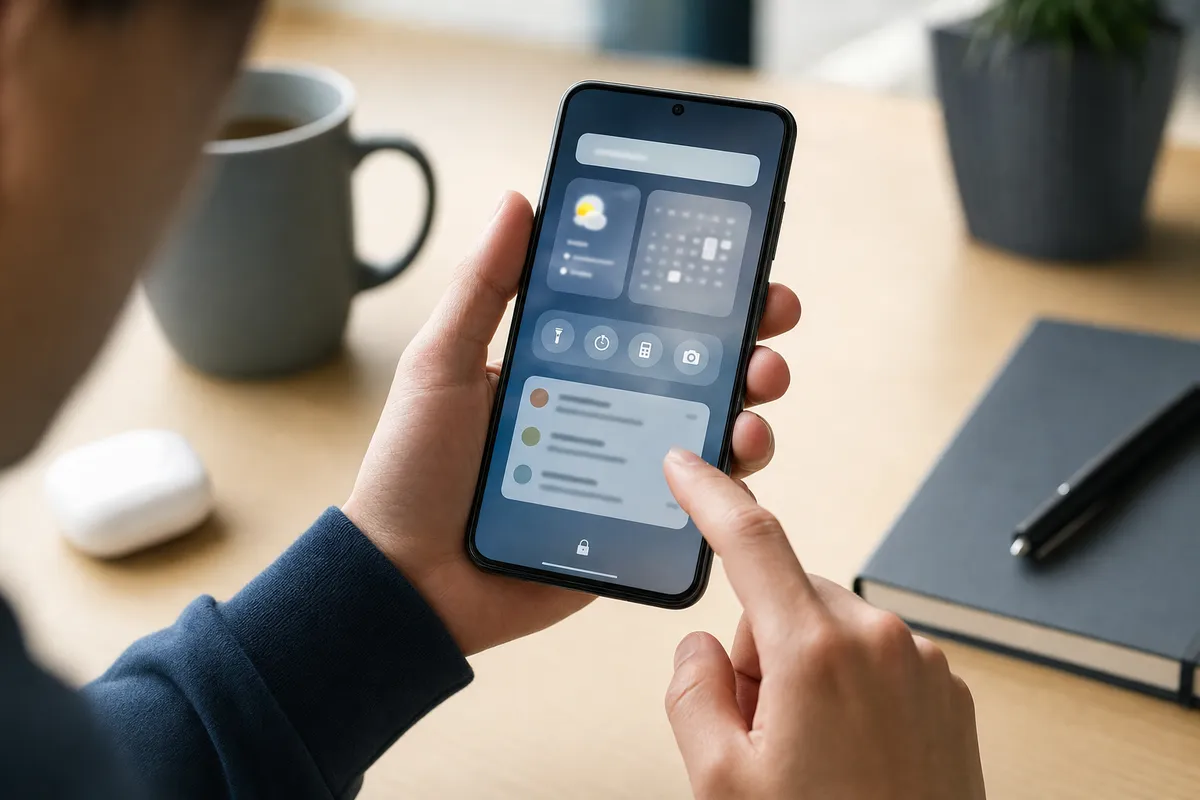 Mani che personalizzano la schermata di blocco su smartphone con widget e notifiche, su scrivania con tazza e taccuino