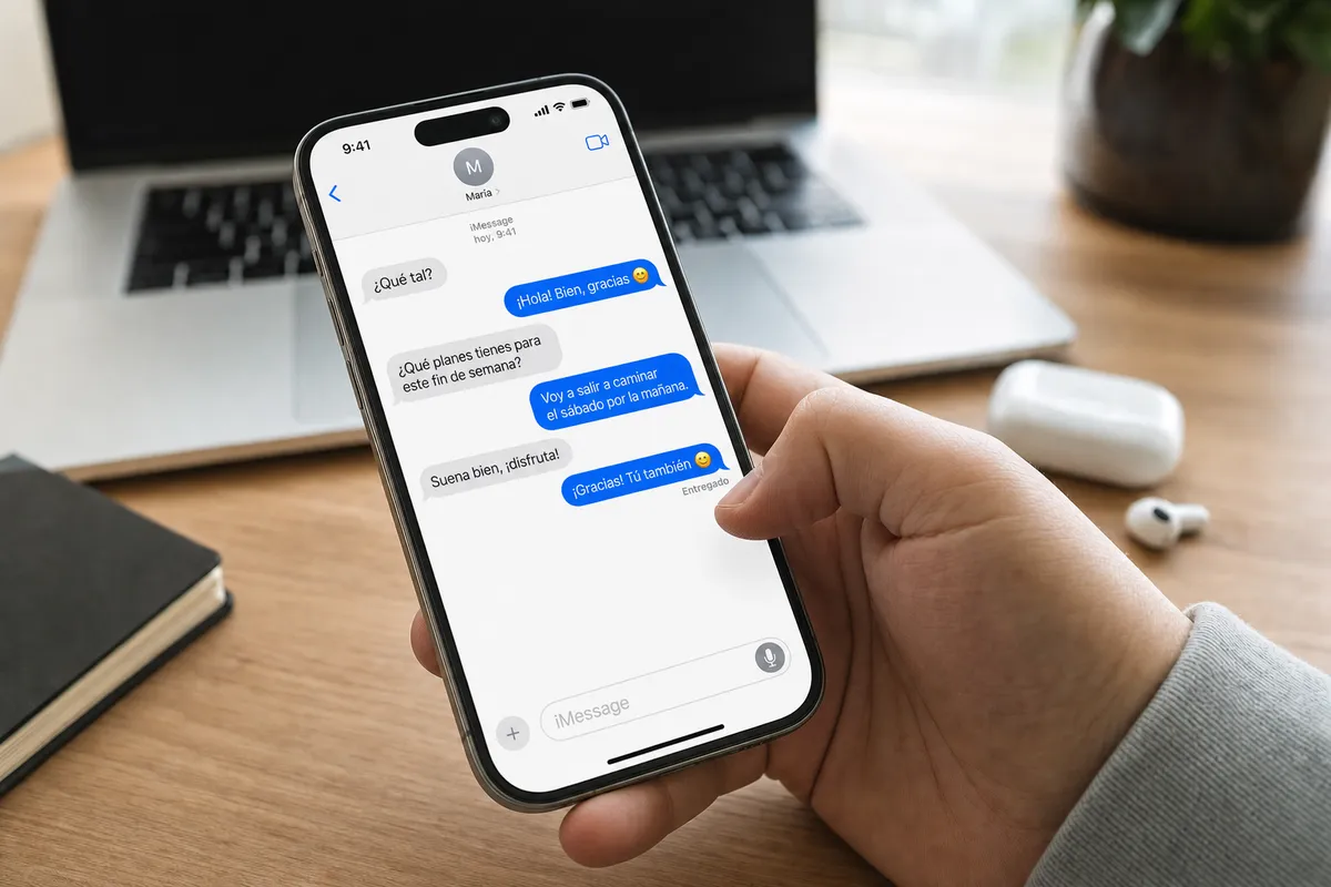 Mano che tiene un iPhone con chat di iMessage aperta e icona del microfono nel campo di testo