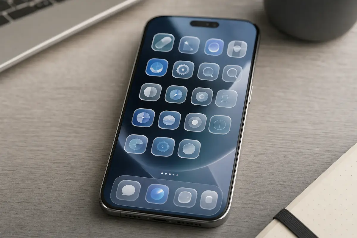 Smartphone su una scrivania con icone traslucide effetto vetro sullo schermo