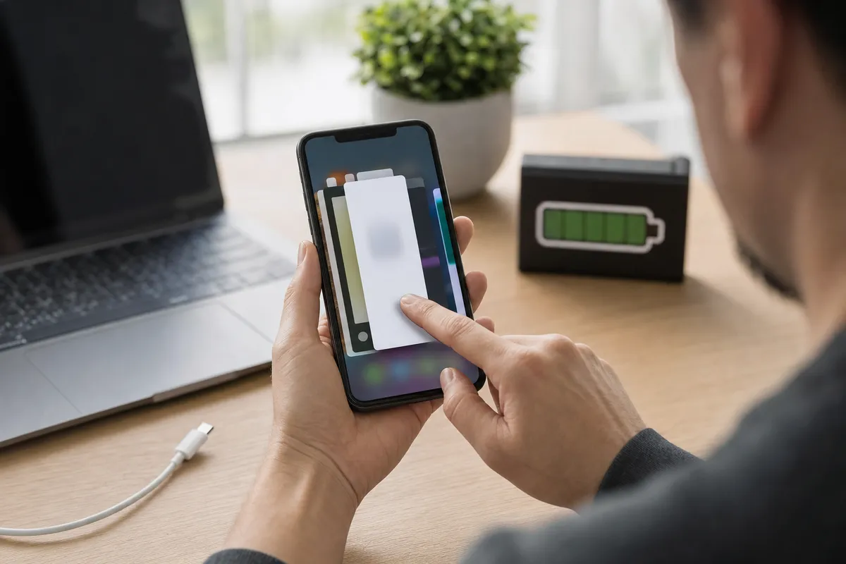 Mano che scorre le schede del multitasking su uno smartphone su una scrivania con laptop e icona batteria sullo sfondo