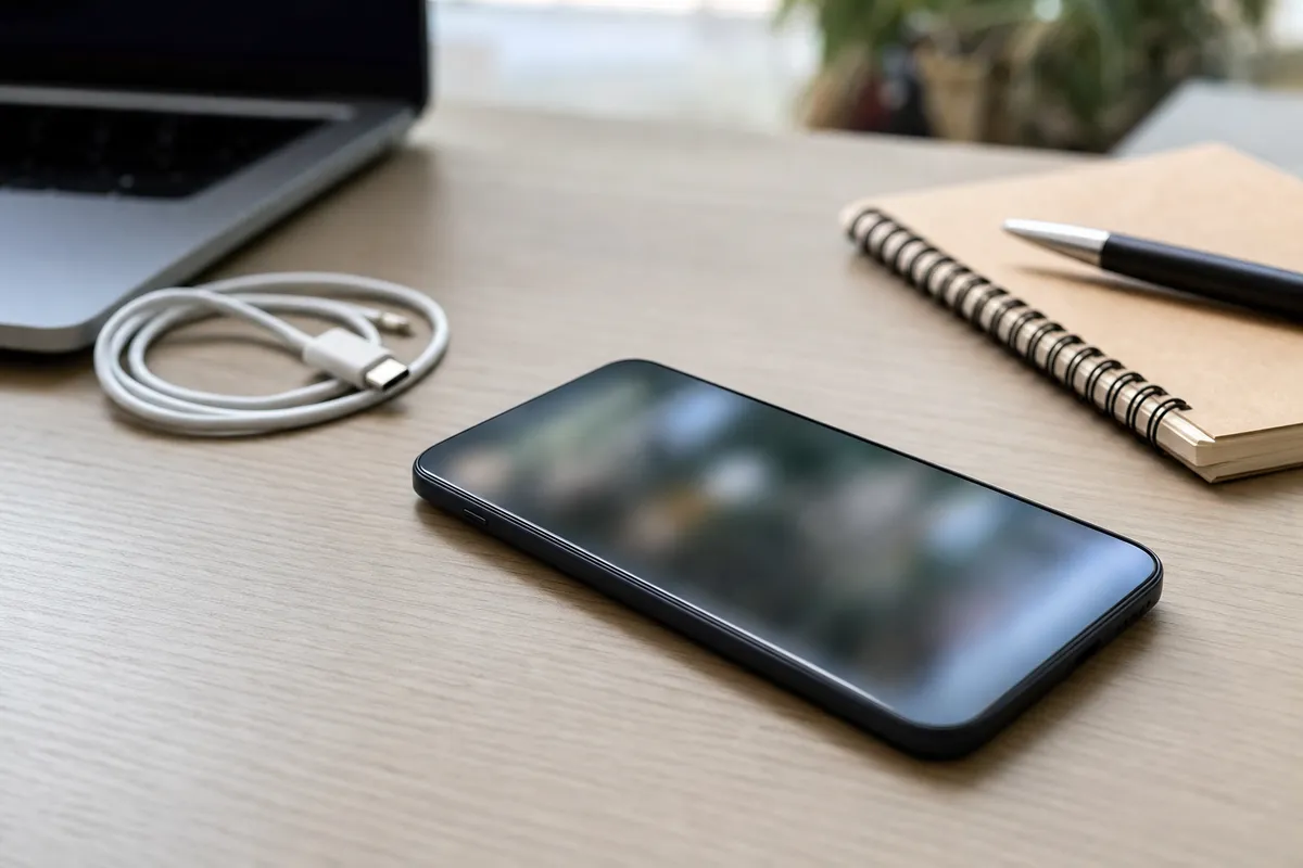 Smartphone su scrivania con schermo sfocato, cavo di ricarica, laptop sfocato e taccuino con penna