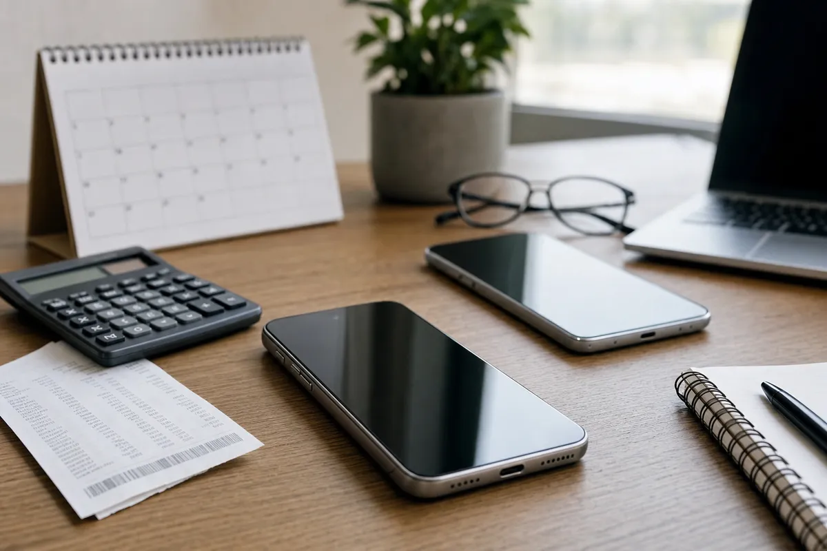 Due smartphone su una scrivania con calcolatrice, scontrino e calendario da tavolo, con laptop e occhiali sullo sfondo