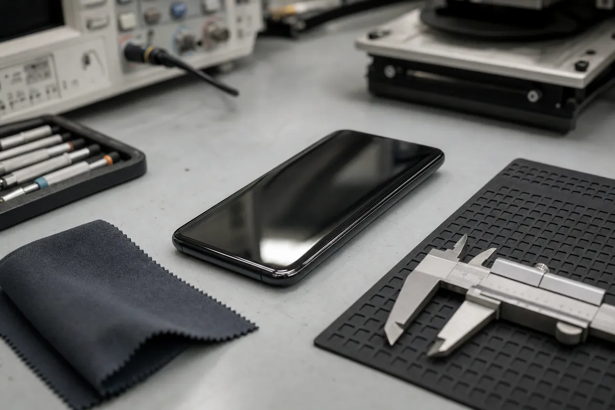 Prototipo di smartphone in vetro scuro su banco di laboratorio con calibro, panno in microfibra e strumenti tecnici