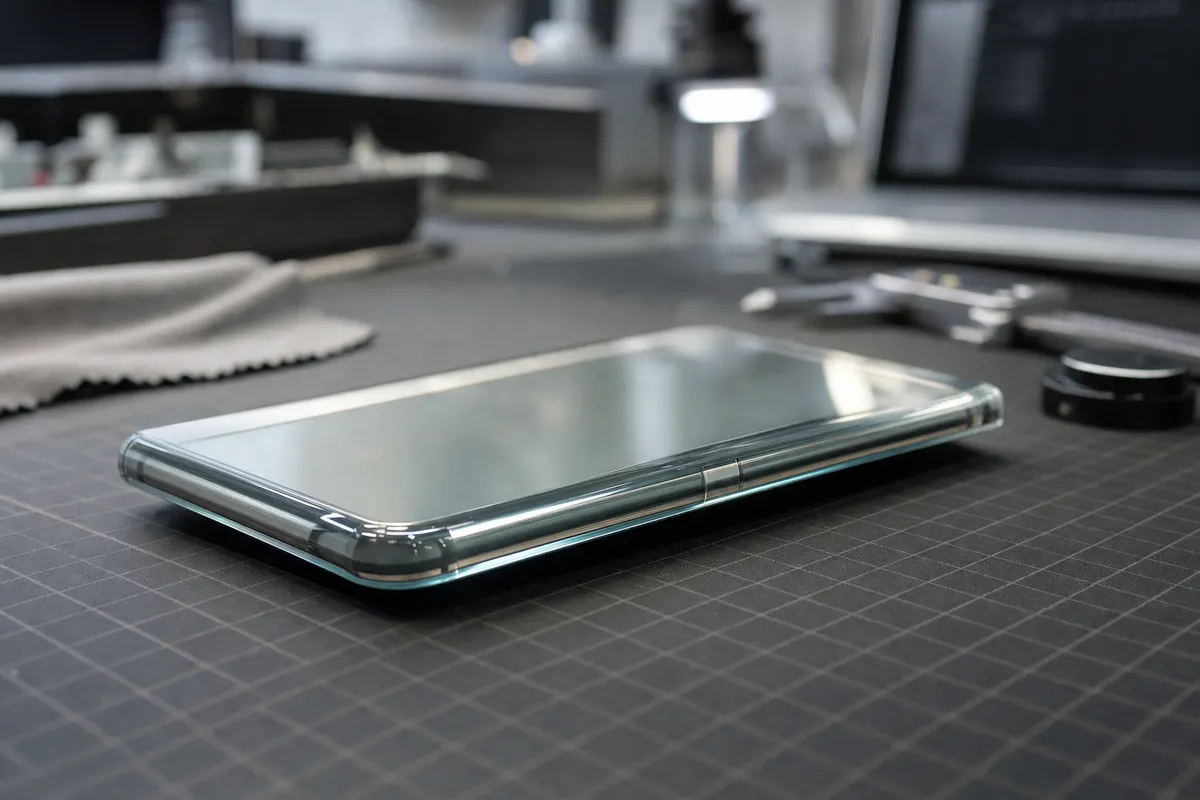 Prototipo di smartphone in vetro con bordi curvi su banco da lavoro, con strumenti sfocati sullo sfondo