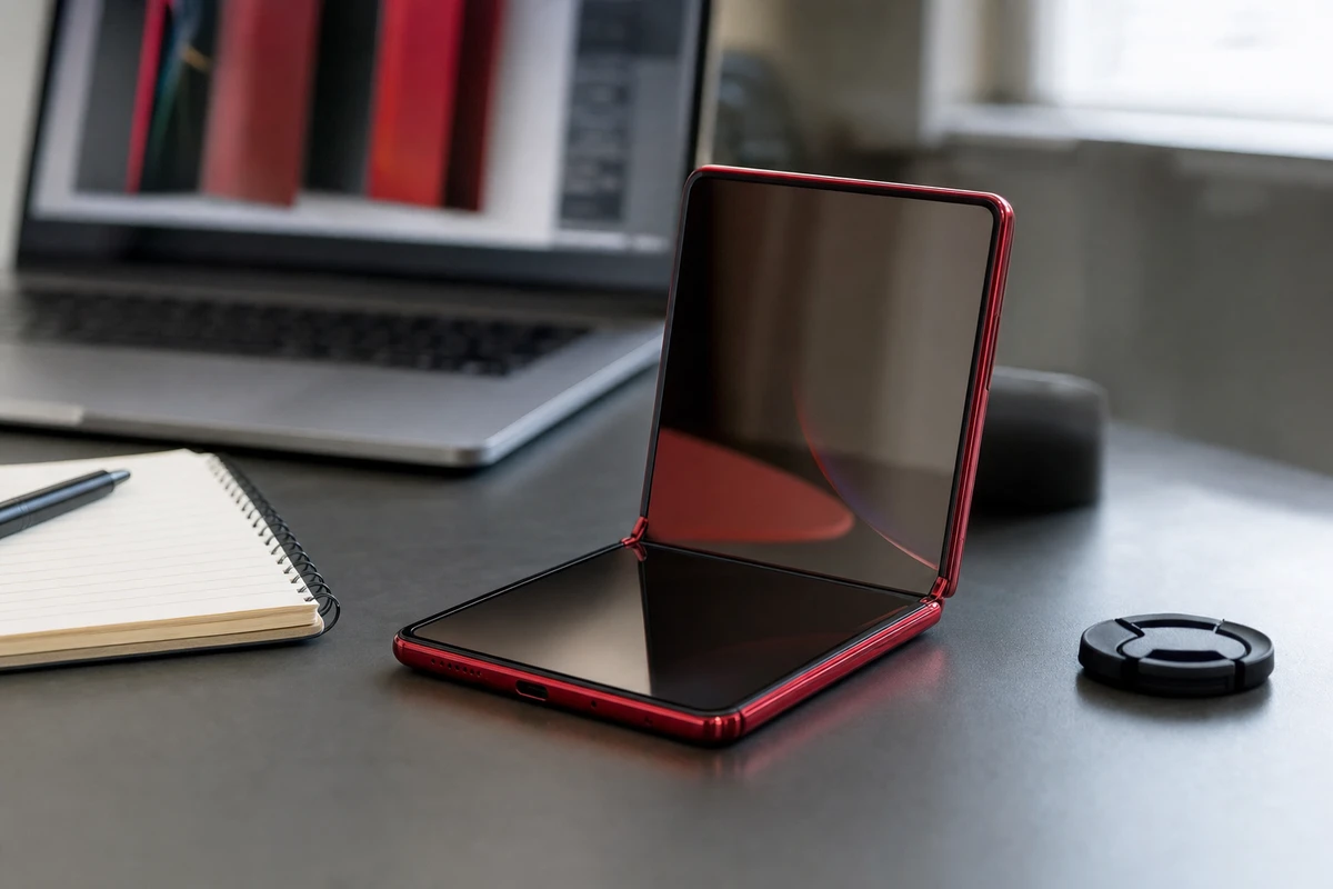 Smartphone pieghevole rosso ciliegia semiaperto su scrivania, con laptop sfocato e taccuino