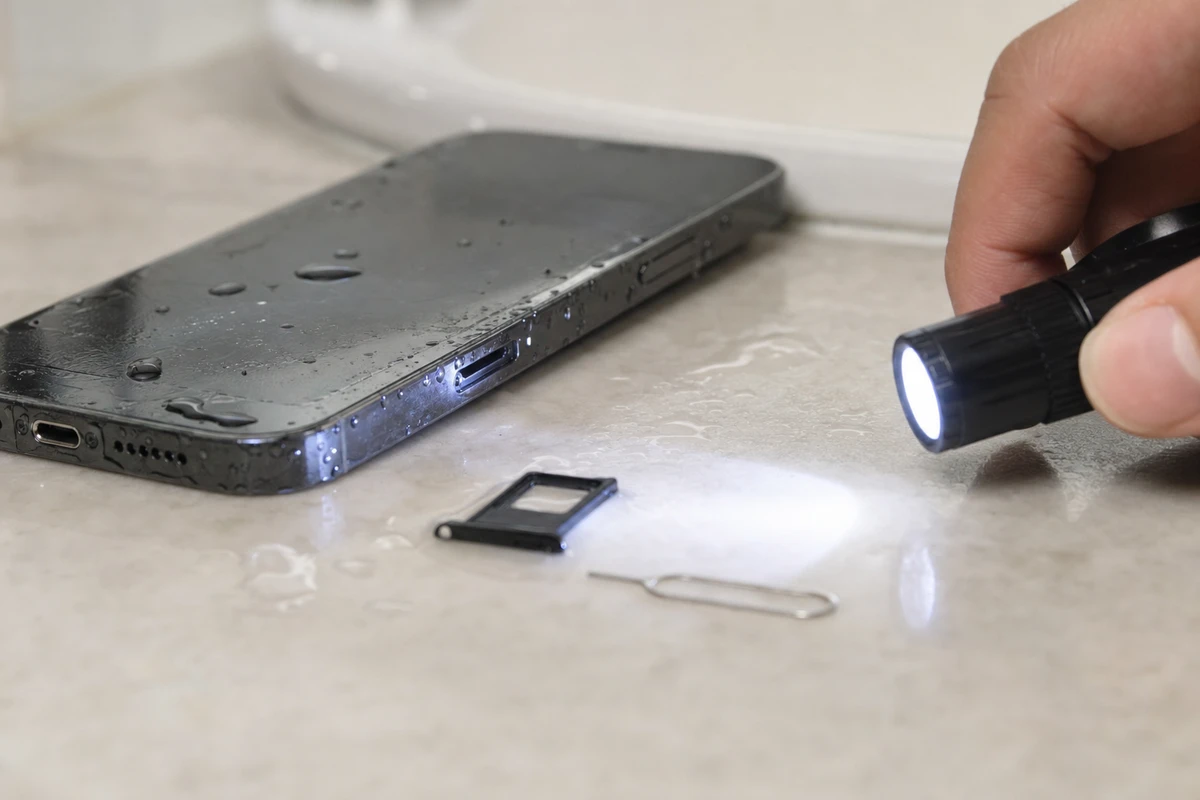 Smartphone bagnato su un piano, con carrellino SIM rimosso e torcia puntata sullo slot