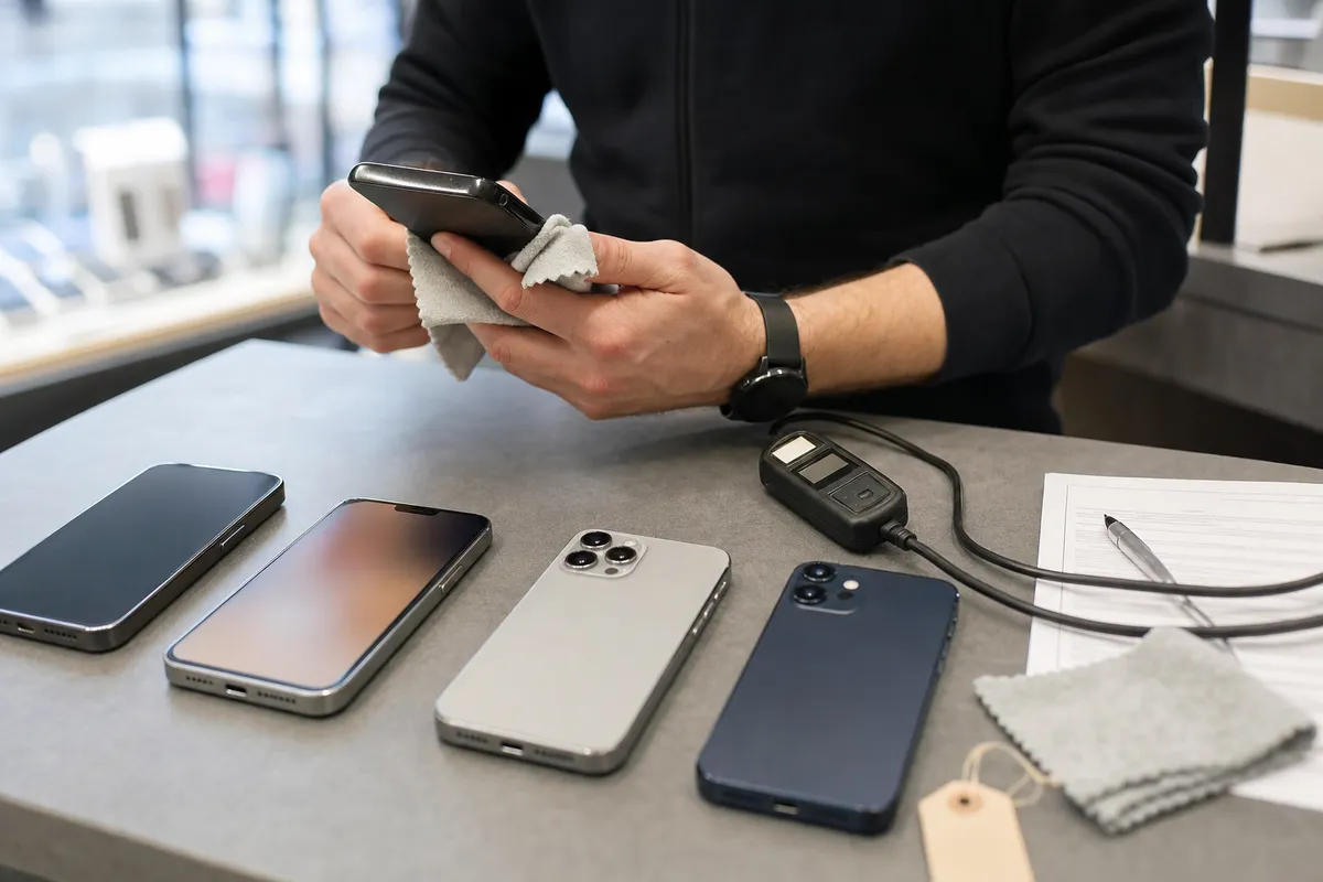 Tecnico pulisce uno smartphone su banco con altri telefoni, dispositivo di test e modulo di garanzia