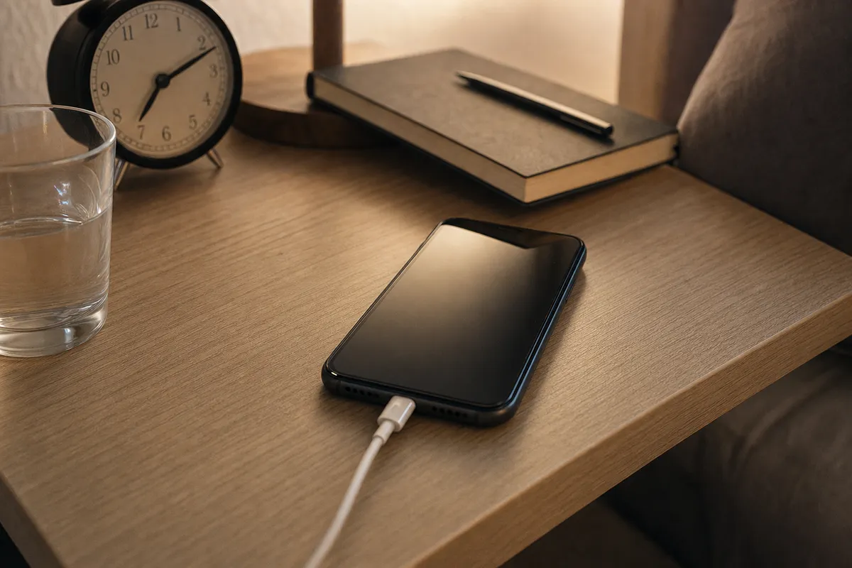 Smartphone collegato al cavo di ricarica su un comodino, con sveglia analogica, taccuino e bicchiere d’acqua