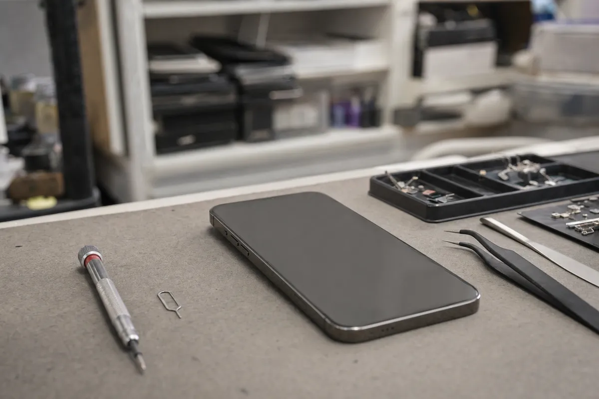 Smartphone con schermo spento su banco da lavoro con cacciavite di precisione, pin SIM e pinzette