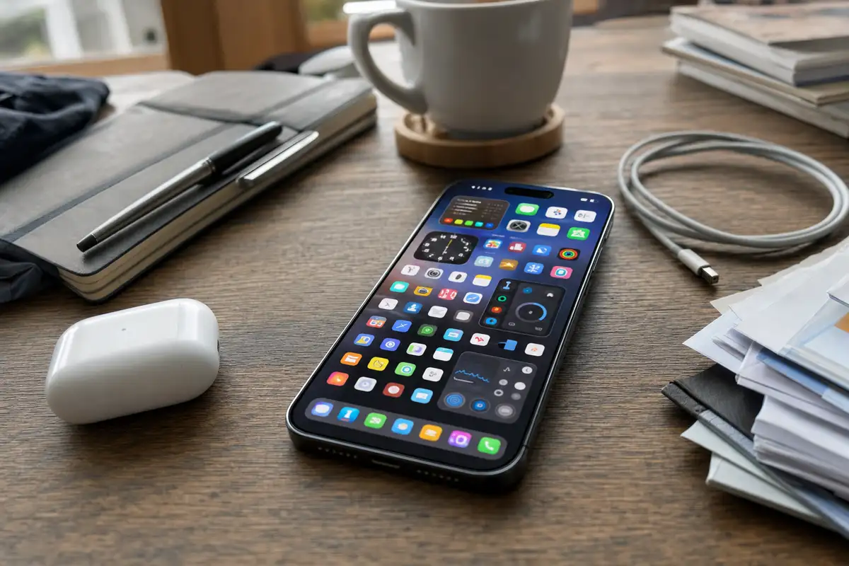 Smartphone su scrivania in legno con schermata Home affollata di icone e widget, accanto a cavo e taccuino