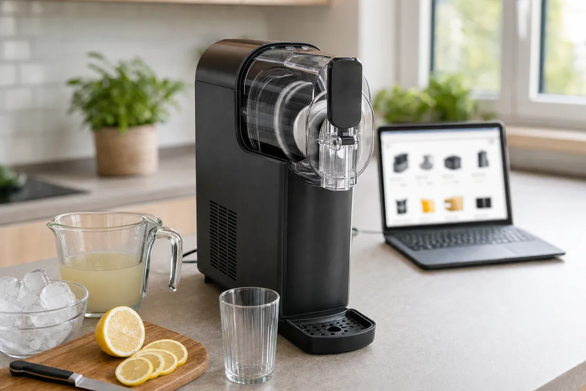 Gelatiera slush nera su piano cucina con caraffa di sciroppo chiaro, ciotola di ghiaccio e limoni, laptop sullo sfondo