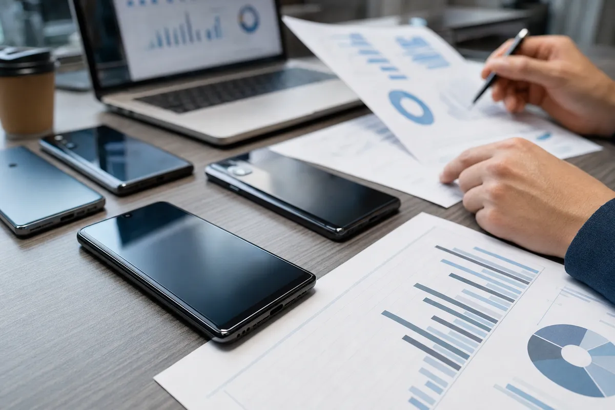 Smartphone su una scrivania con grafici di vendita stampati, laptop sfocato e mani che annotano dati