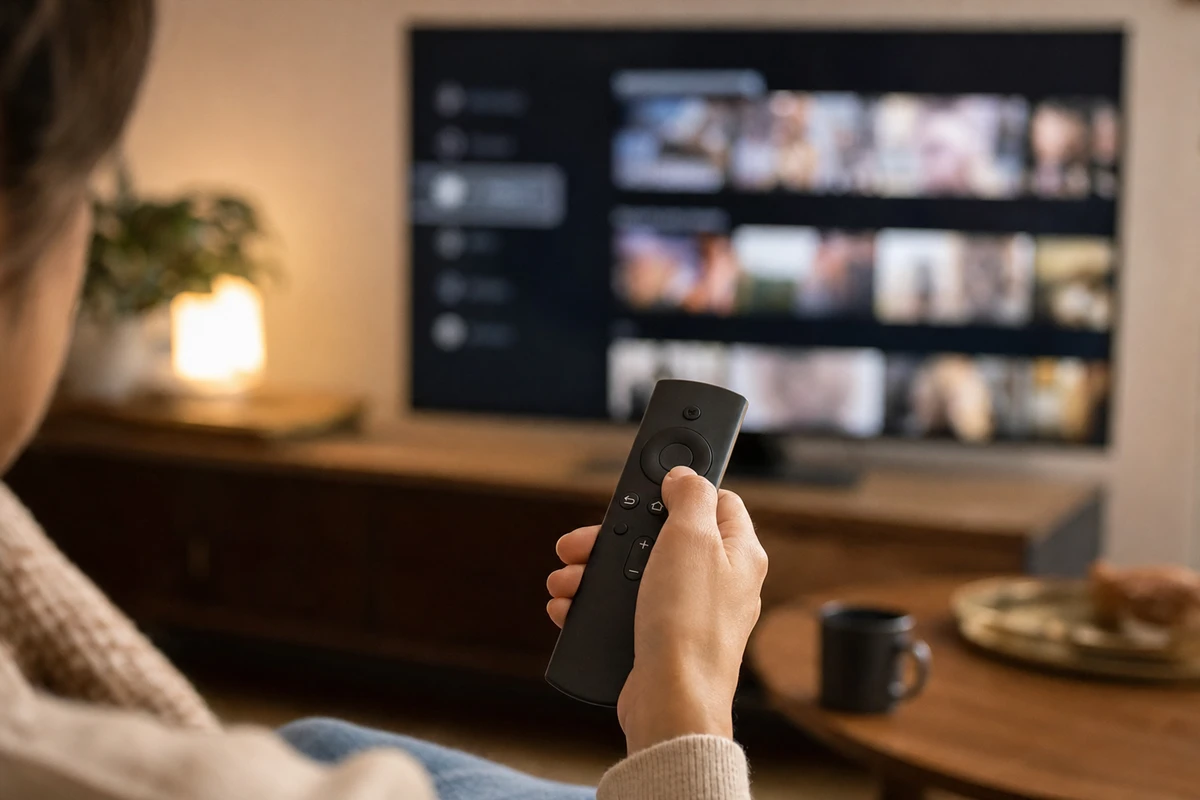 Mano che impugna un telecomando davanti a una TV con menu di streaming sfocato in salotto